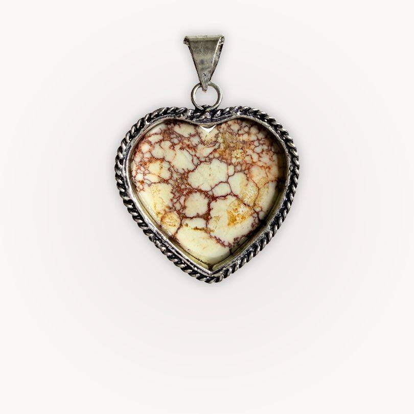 Back view of Wild Horse Jasper Heart Pendant featuring intricate natural patterns and silver-plated rope bezel for grounding energy.