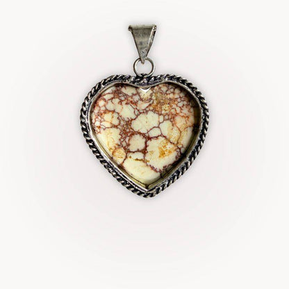 Back view of Wild Horse Jasper Heart Pendant featuring intricate natural patterns and silver-plated rope bezel for grounding energy.