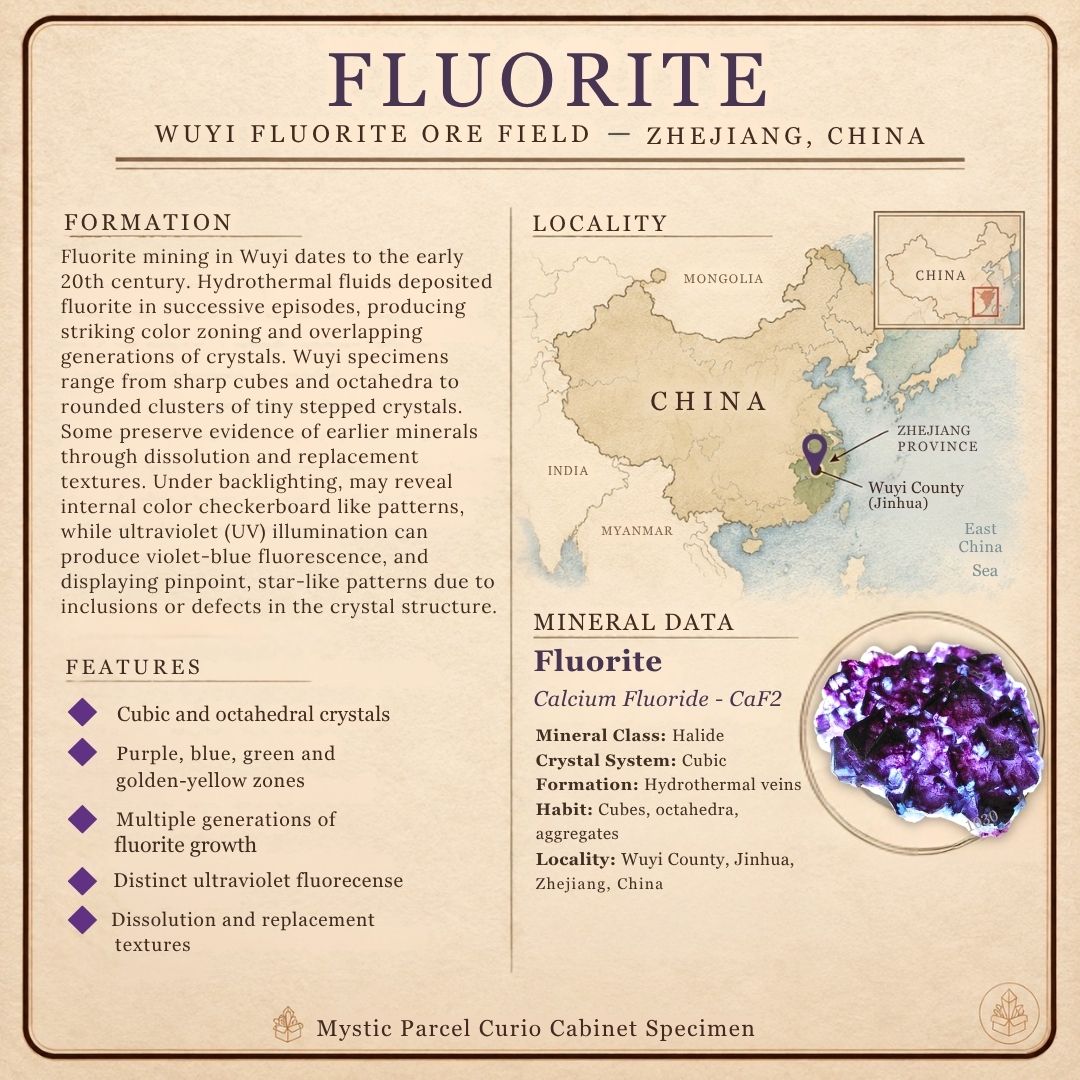 Mystic Parcel Atlas card describing fluorite from the Wuyi Ore Field in Zhejiang, China, with a locality map, geological information, and mineral characteristics.