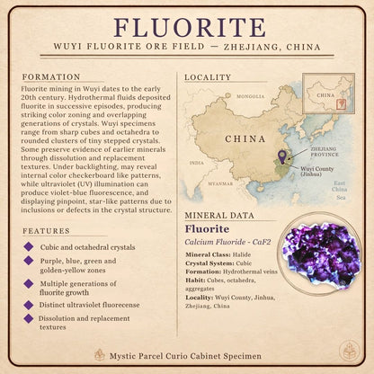 Mystic Parcel Atlas card describing fluorite from the Wuyi Ore Field in Zhejiang, China, with a locality map, geological information, and mineral characteristics.