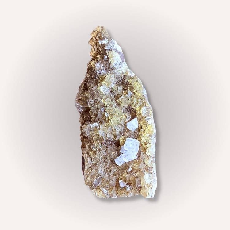 Yellow & clear fluorite specimen from Ojuela Mine with full-body crystallization and drusy texture, ideal for collectors and display.