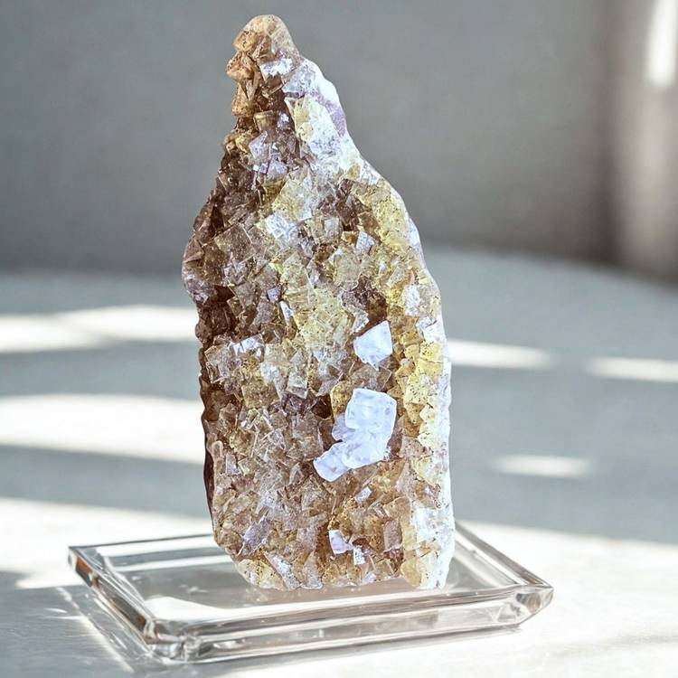 Collector-grade yellow and clear fluorite crystal from Ojuela Mine, Mexico, shown on a display stand with natural lighting.