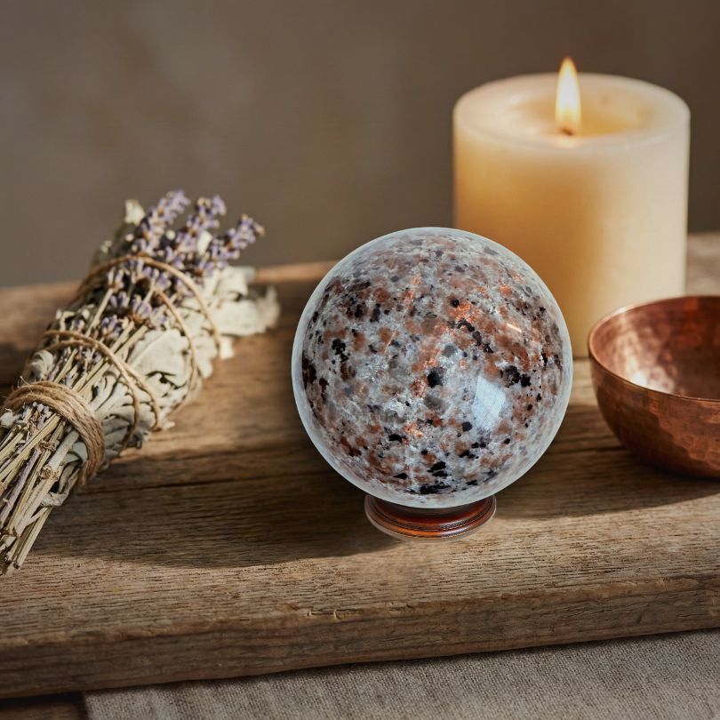 Hand-selected UV Sodalite 'Yooperlite' Sphere 464g placed on a wooden altar with candle and sage, ideal for spiritual energy work.