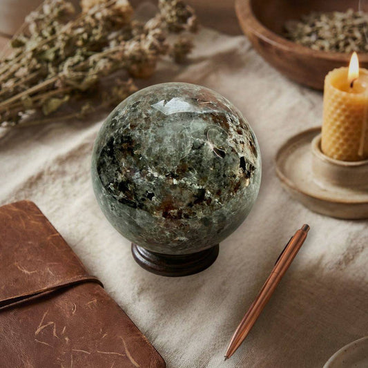 UV Sodalite (Yooperlite) Sphere 58mm placed on a rustic table with candle and journal, ideal for intuition and illumination rituals.