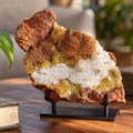 Adamite with calcite on rust-brown limonite from Ojuela Mine, Mexico, displayed on a black stand in a warm home setting.