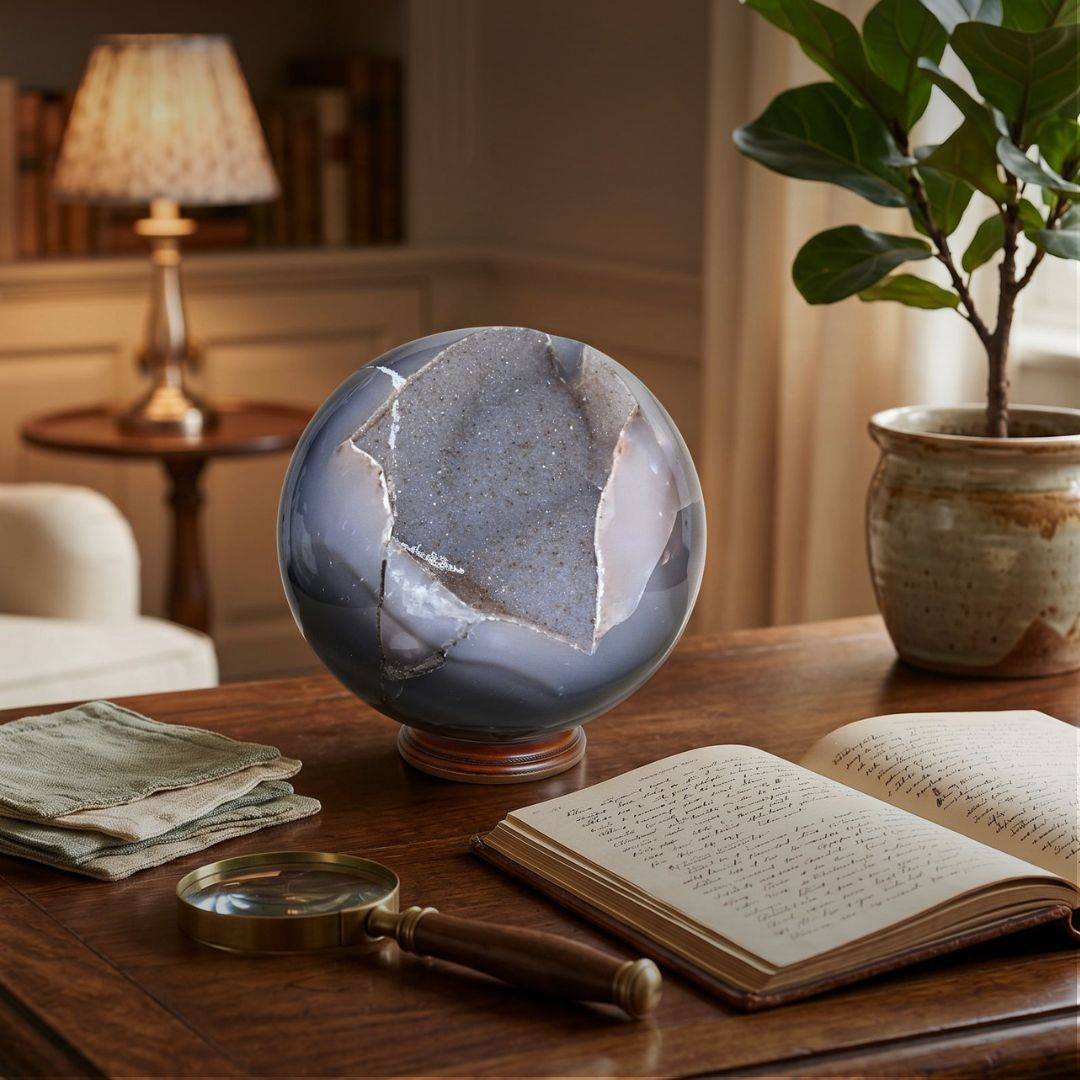 Brazilian Agate druzy sphere displayed on a wooden table with an open journal, magnifying glass, lamp, and potted plant.