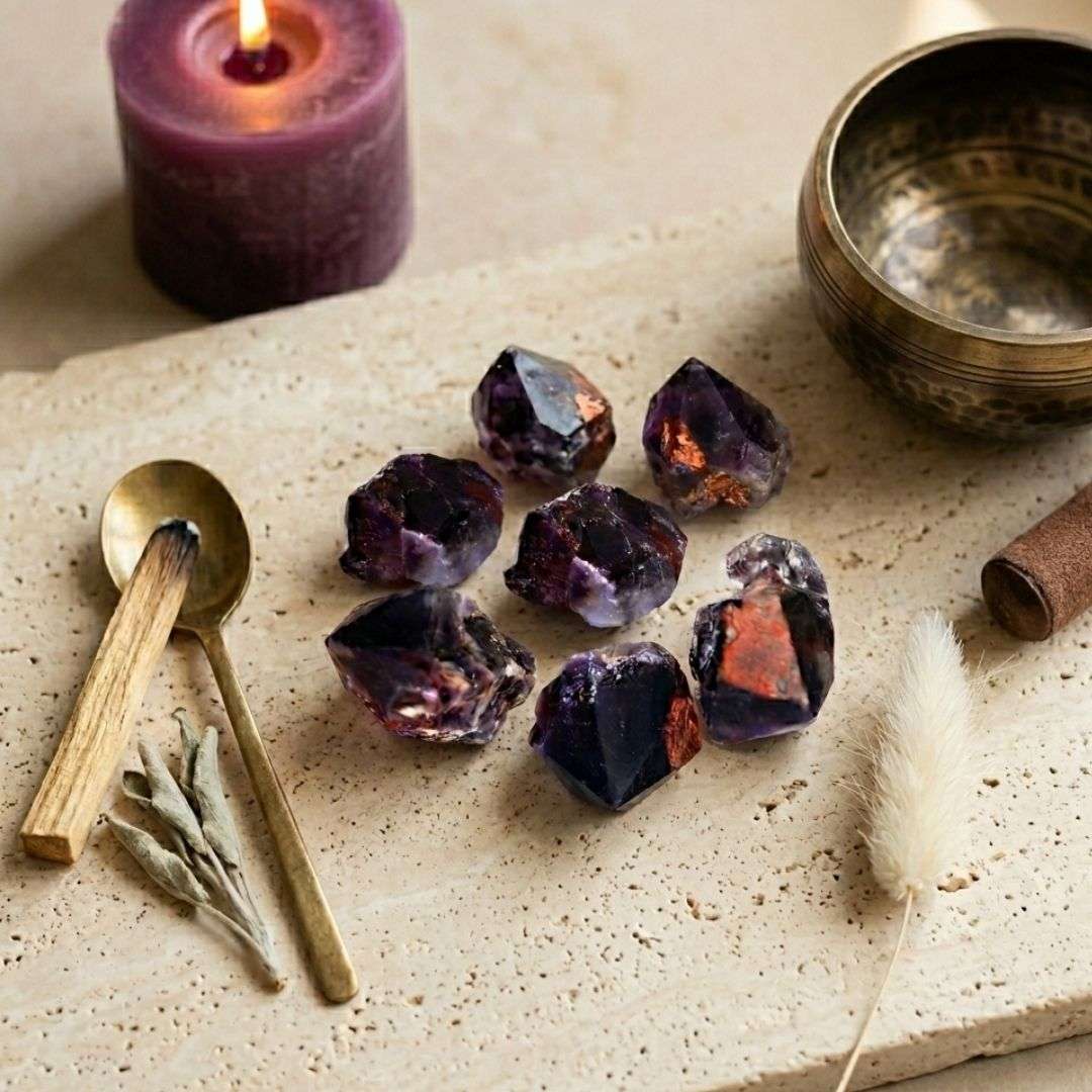 Alien Amethyst crystal points arranged with a candle, brass bowl, herbs, and ritual tools on a neutral stone surface