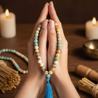 Hands holding Amazonite Mala Necklace for Calm in a prayer pose, surrounded by candles and incense, perfect for spiritual rituals.