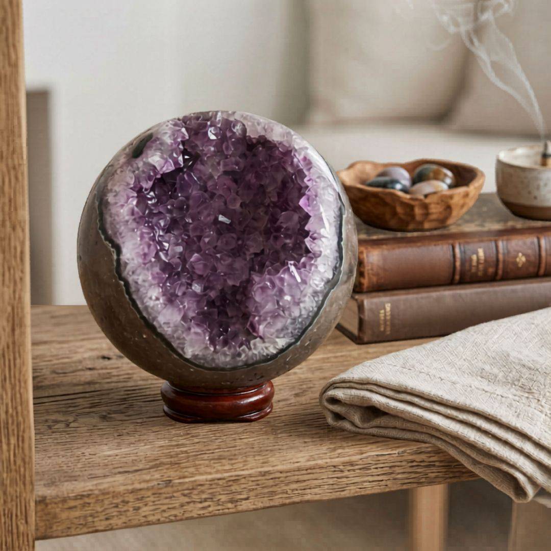 Brazilian Amethyst geode sphere displayed with candle, mala beads, and singing bowl in a calm meditation setting.