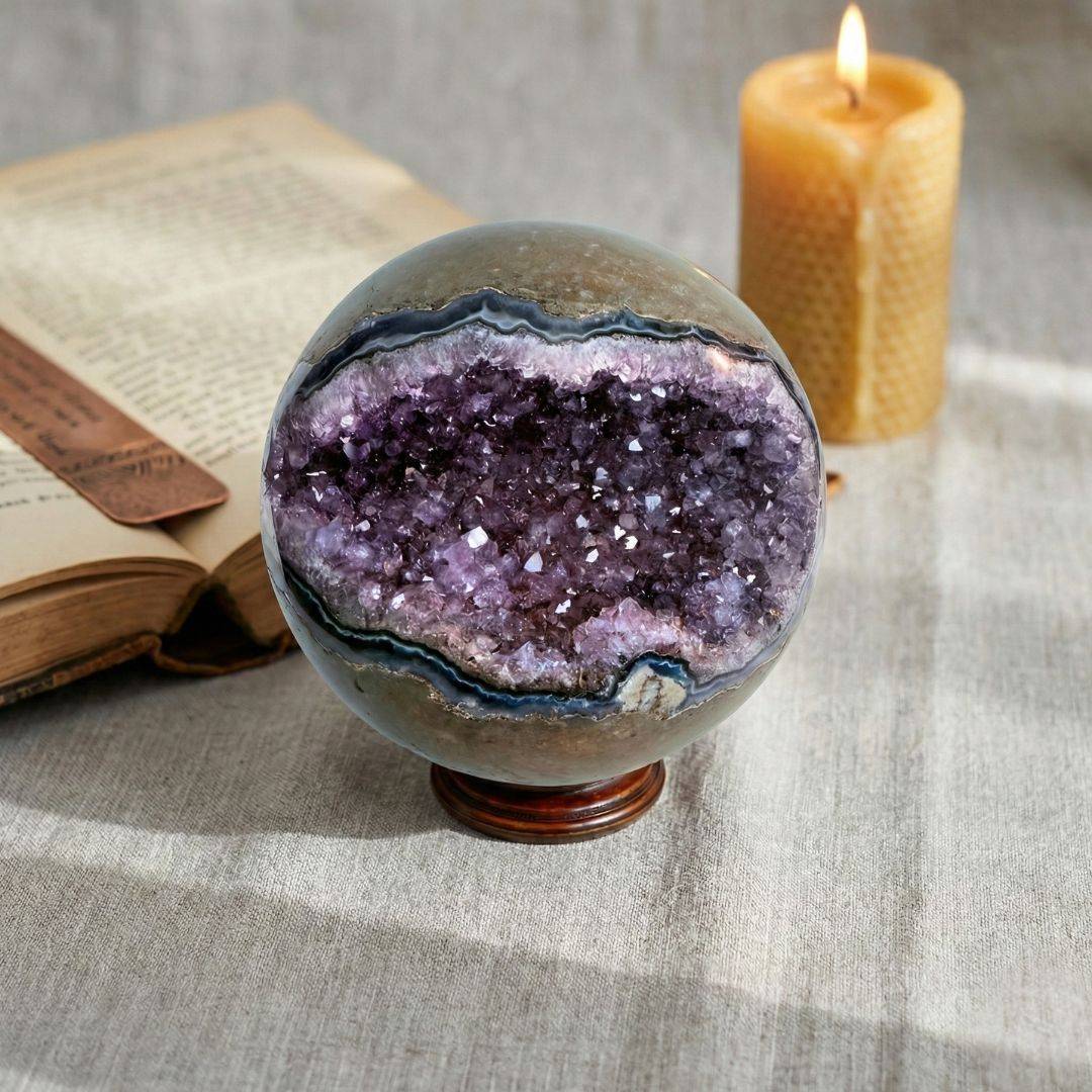 Amethyst geode sphere with sparkling purple druzy crystals framed by blue-gray agate banding, displayed upright on a wood sphere stand and linen cloth.
