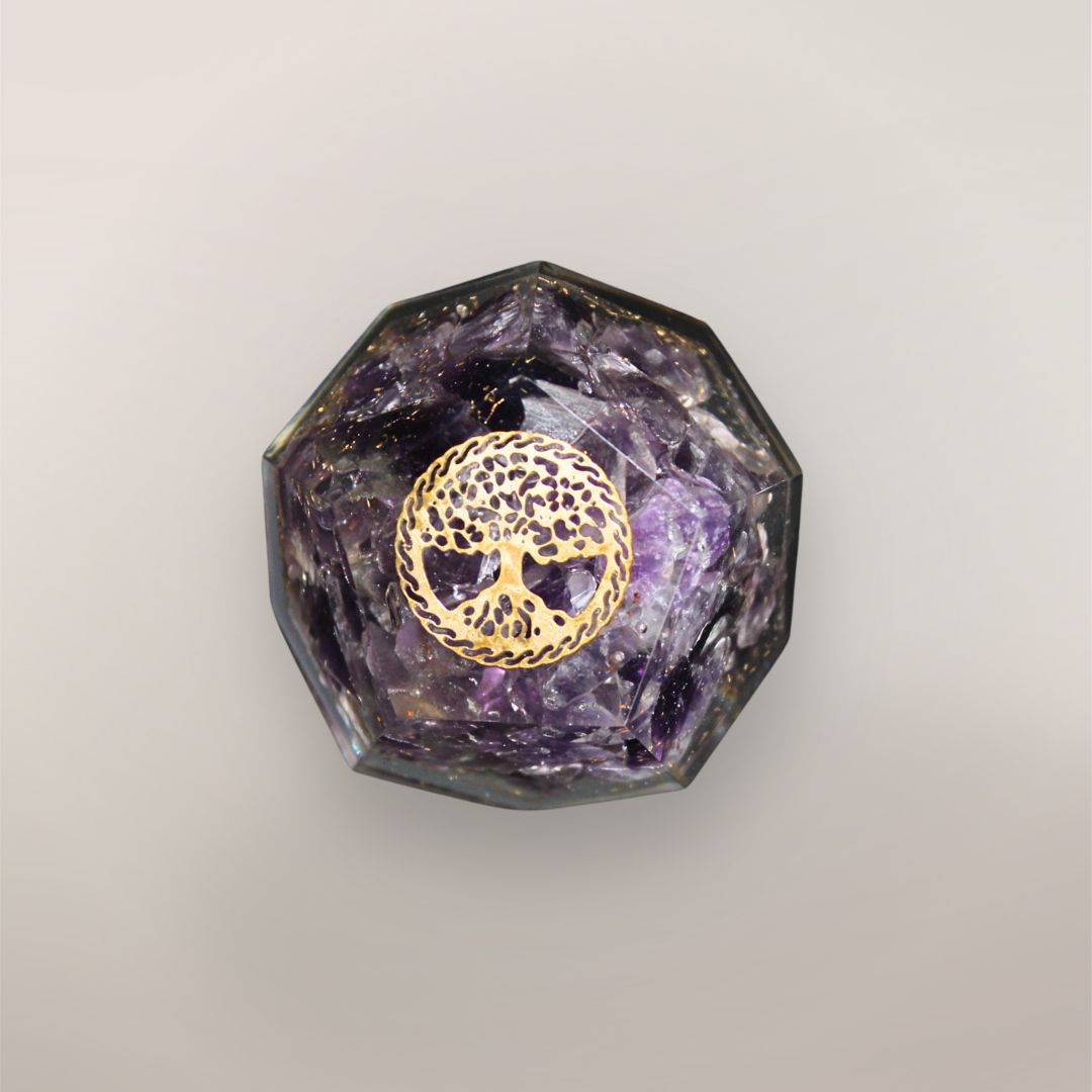 Amethyst orgonite dodecahedron with Brazilian Amethyst chips, golden Tree of Life symbol, copper flakes, and faceted resin shape