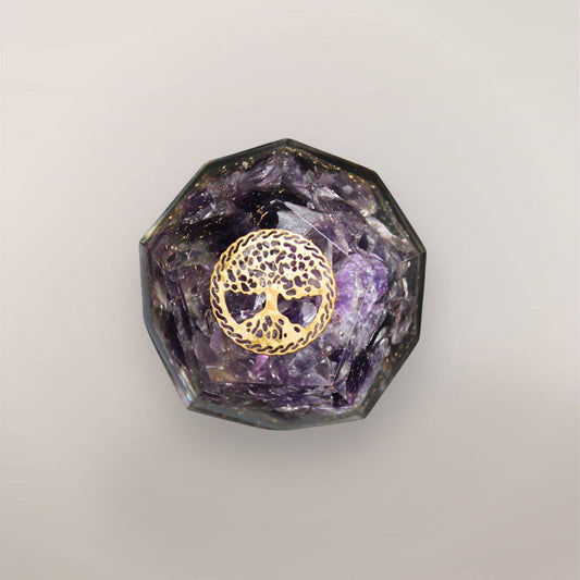 Amethyst orgonite dodecahedron with Brazilian Amethyst chips, golden Tree of Life symbol, copper flakes, and faceted resin shape