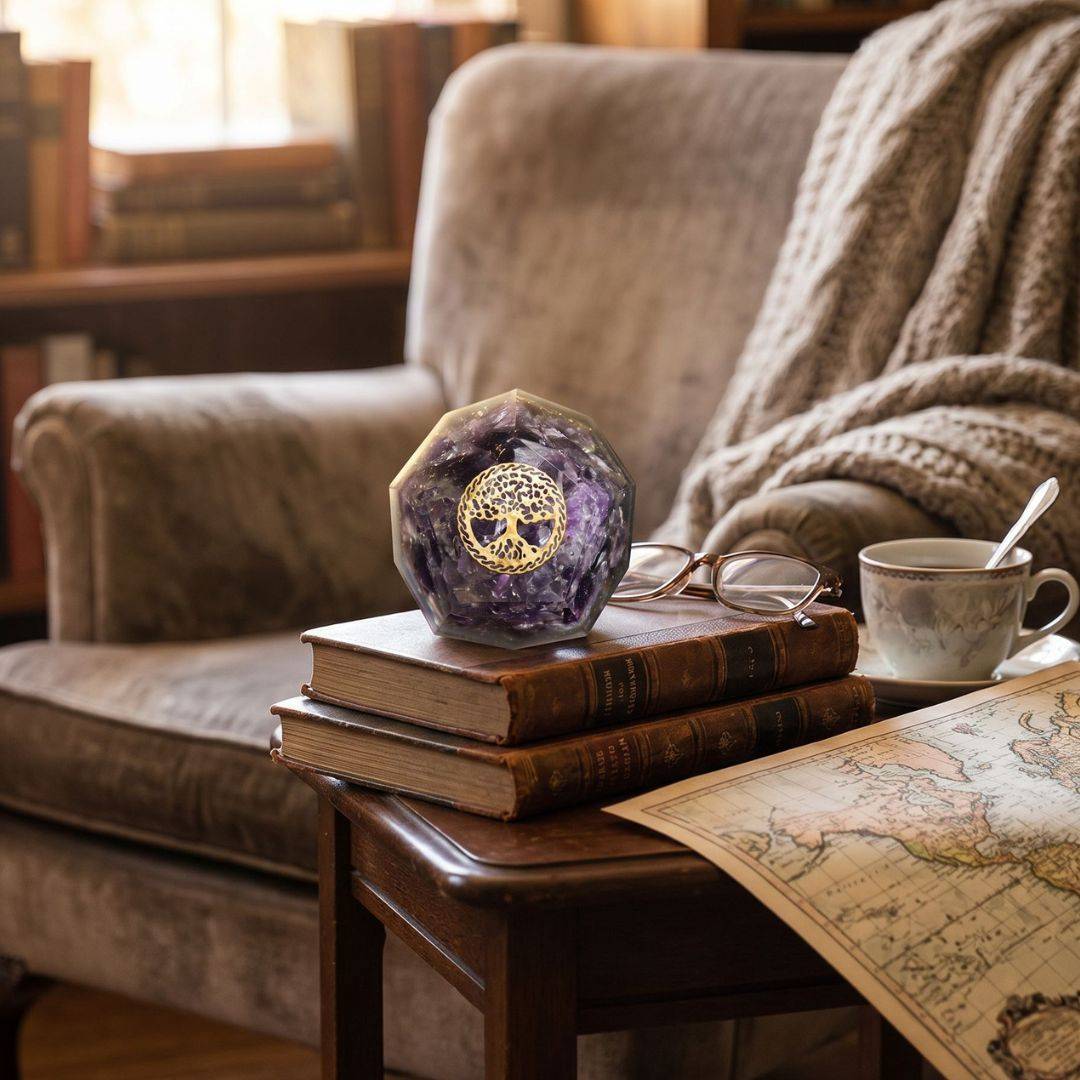 Amethyst orgonite dodecahedron displayed on vintage books with glasses, tea cup, map, and cozy reading chair