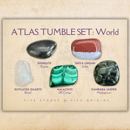 Atlas Tumble Set World with Shungite, Shiva Lingam, Rutilated Quartz, Malachite and Kambaba Jasper labeled by geographic origin
