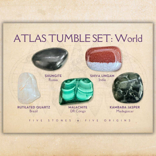 Atlas Tumble Set World with Shungite, Shiva Lingam, Rutilated Quartz, Malachite and Kambaba Jasper labeled by geographic origin