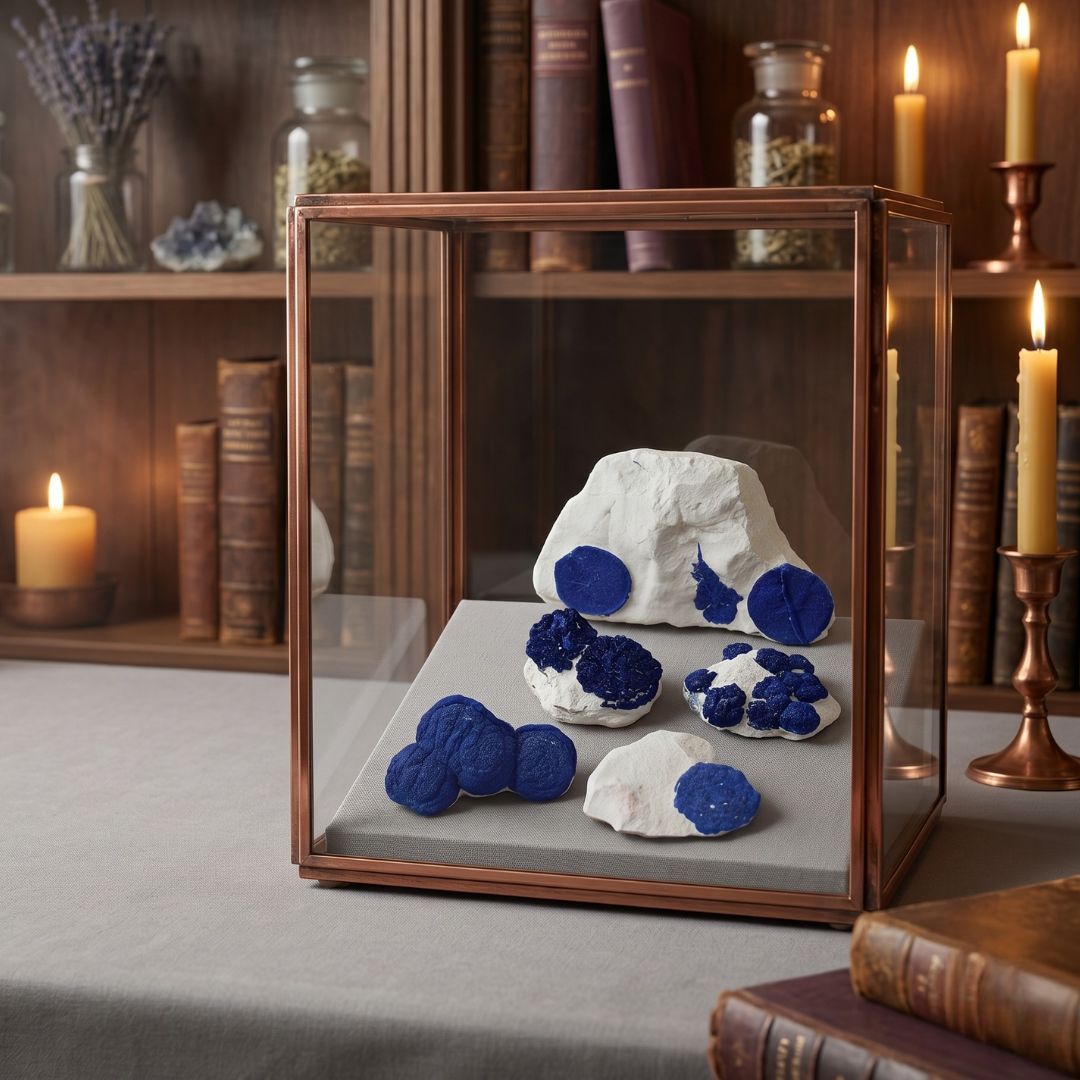 Collection of five rare Azurite Sun mineral specimens from Malbunka Copper Mine, Northern Territory, Australia, shown in a curio cabinet display.