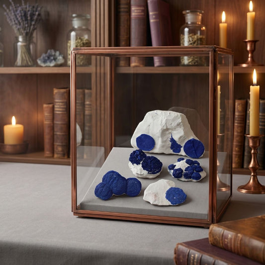 Collection of five rare Azurite Sun mineral specimens from Malbunka Copper Mine, Northern Territory, Australia, shown in a curio cabinet display.