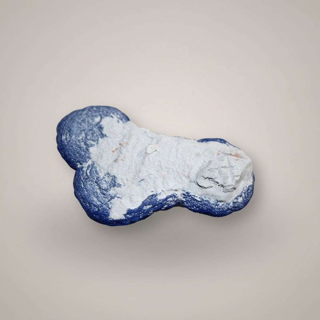 Back view of four-sun Azurite Sun cluster showing natural blue azurite surface and pale contact areas.
