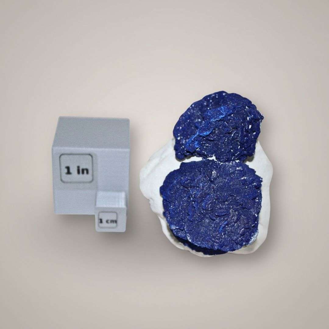 Scale view of two gemmy Azurite Suns from Australia beside one-inch mineral scale cubes.