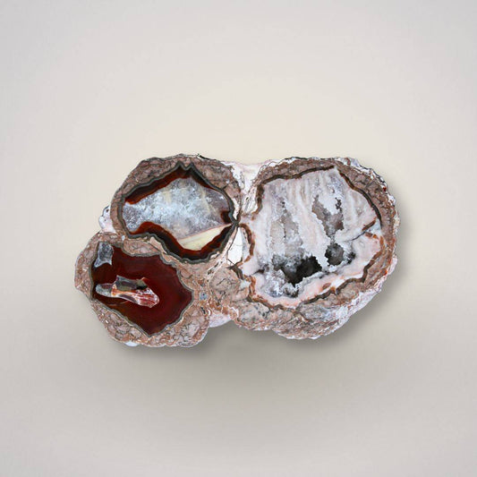 Polished face of Baker Agate thunderegg half with three distinct agate sections, cinnamon druzy, and waterline banding.