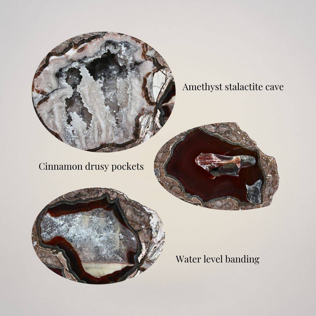 Annotated Baker Agate thunderegg triplet image highlighting stalactitic formations, waterline banding, and cinnamon druzy pocket.