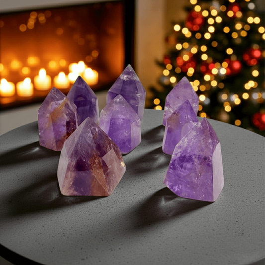Natural Ametrine Amethyst Crystal Tower from Brazil displayed on a round table with a festive background. Ideal for balance, clarity, and transformation.