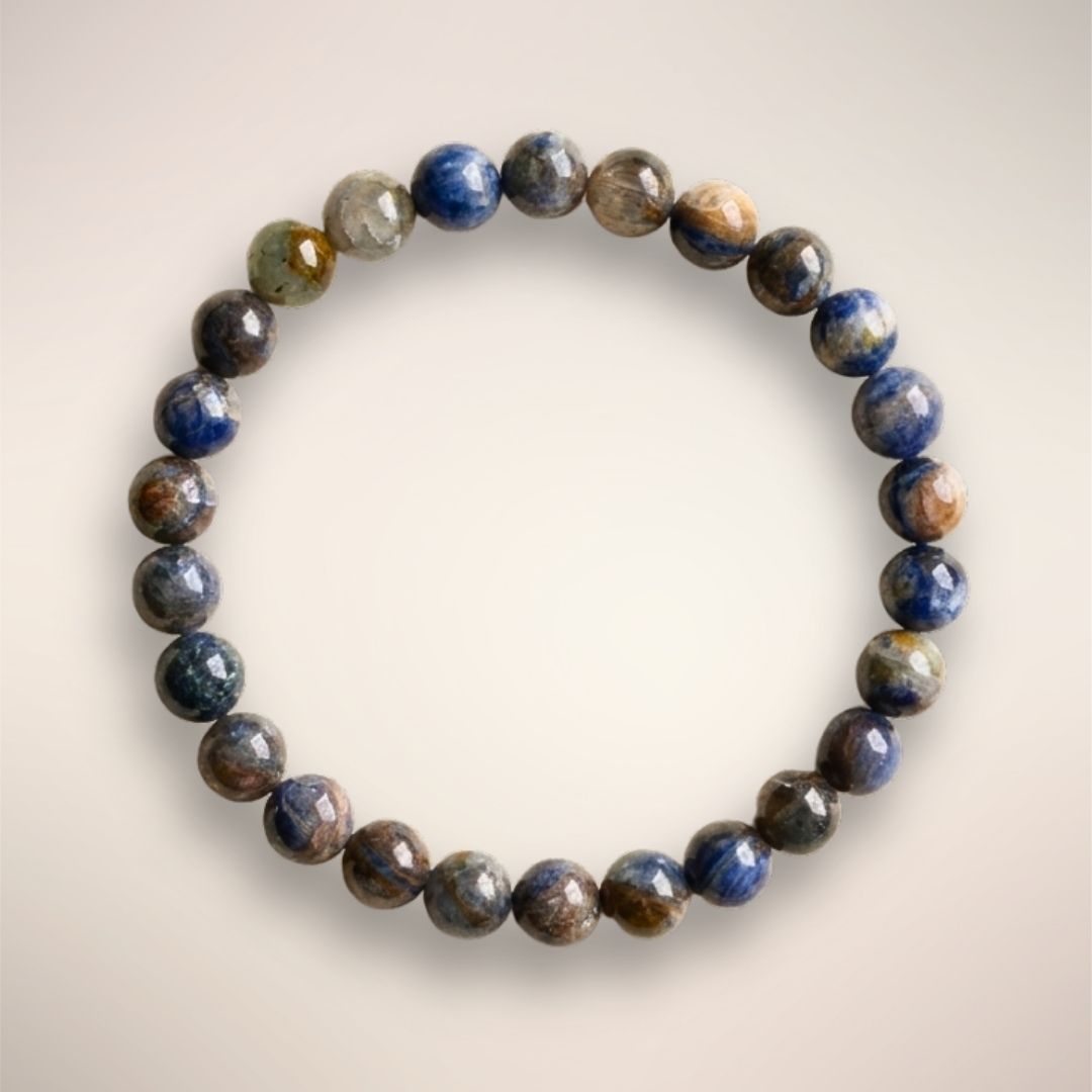 Blue Kyanite Beaded Bracelet with 6mm polished stones on an elastic stand