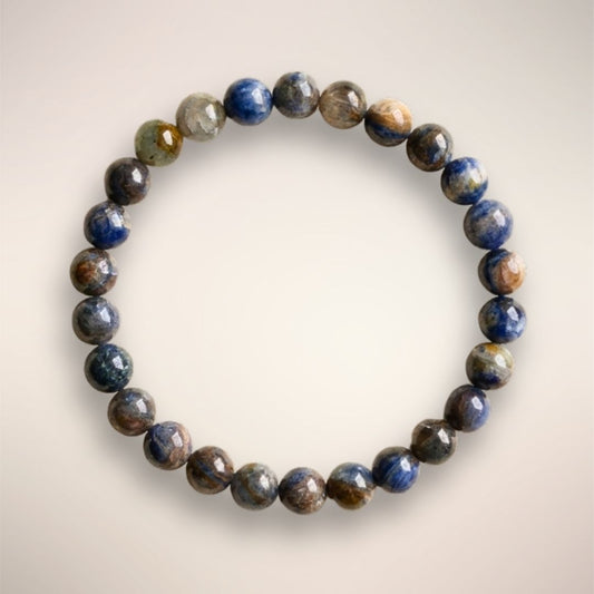 Blue Kyanite Beaded Bracelet with 6mm polished stones on an elastic stand