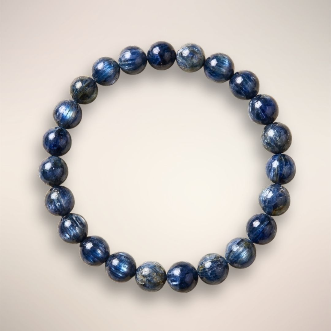 Blue Kyanite Beaded Bracelet with 8mm polished stones on an elastic stand