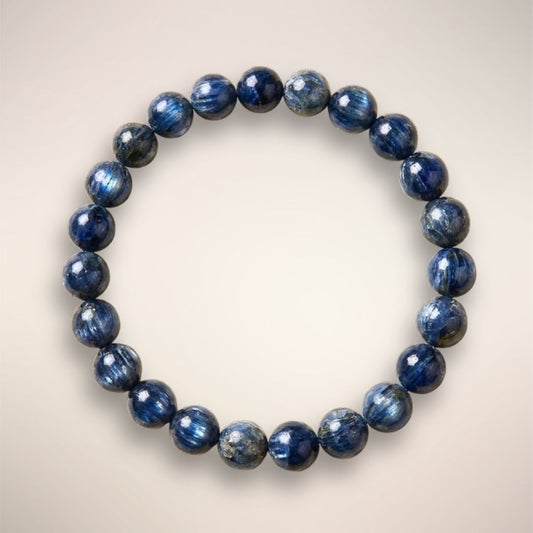 Blue Kyanite Beaded Bracelet with 8mm polished stones on an elastic stand