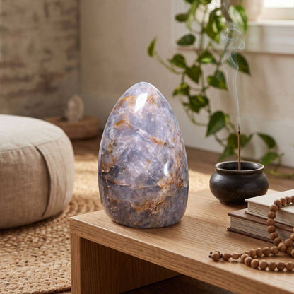 Madagascar Blue Rose Quartz standing freeform displayed on a wooden table beside incense and meditation objects.