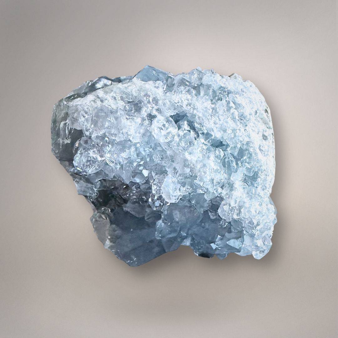 Sky blue Celestine geode cluster with sparkling crystals, irregular shape, natural Madagascar mineral for calm and clarity