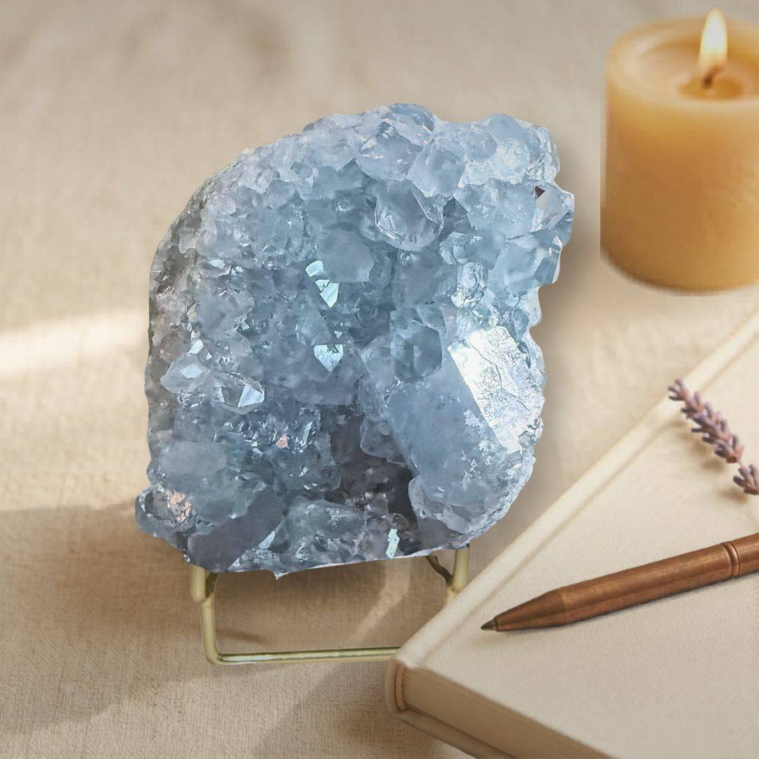 Sky blue celestine geode cluster with sparkling crystals on a stand, surrounded by a lit candle, notebook, and lavender sprig for calming decor