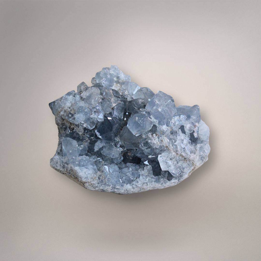 Celestine geode cluster on neutral background