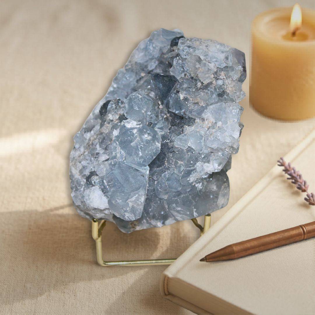Celestine mineral with candle background