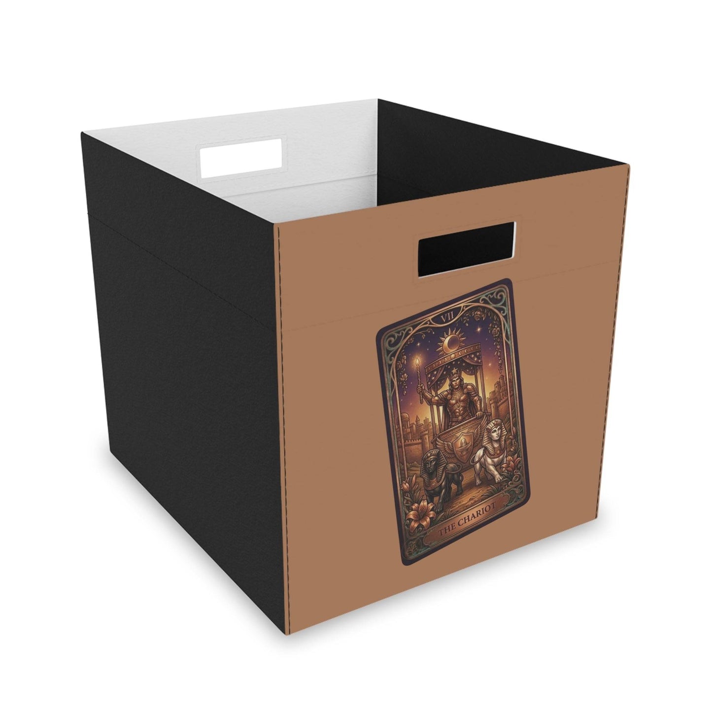 Side view of tarot-themed storage box with black and brown color blocks