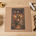 Tarot ritual cloth 'The Chariot' on a wooden surface with mystical items.