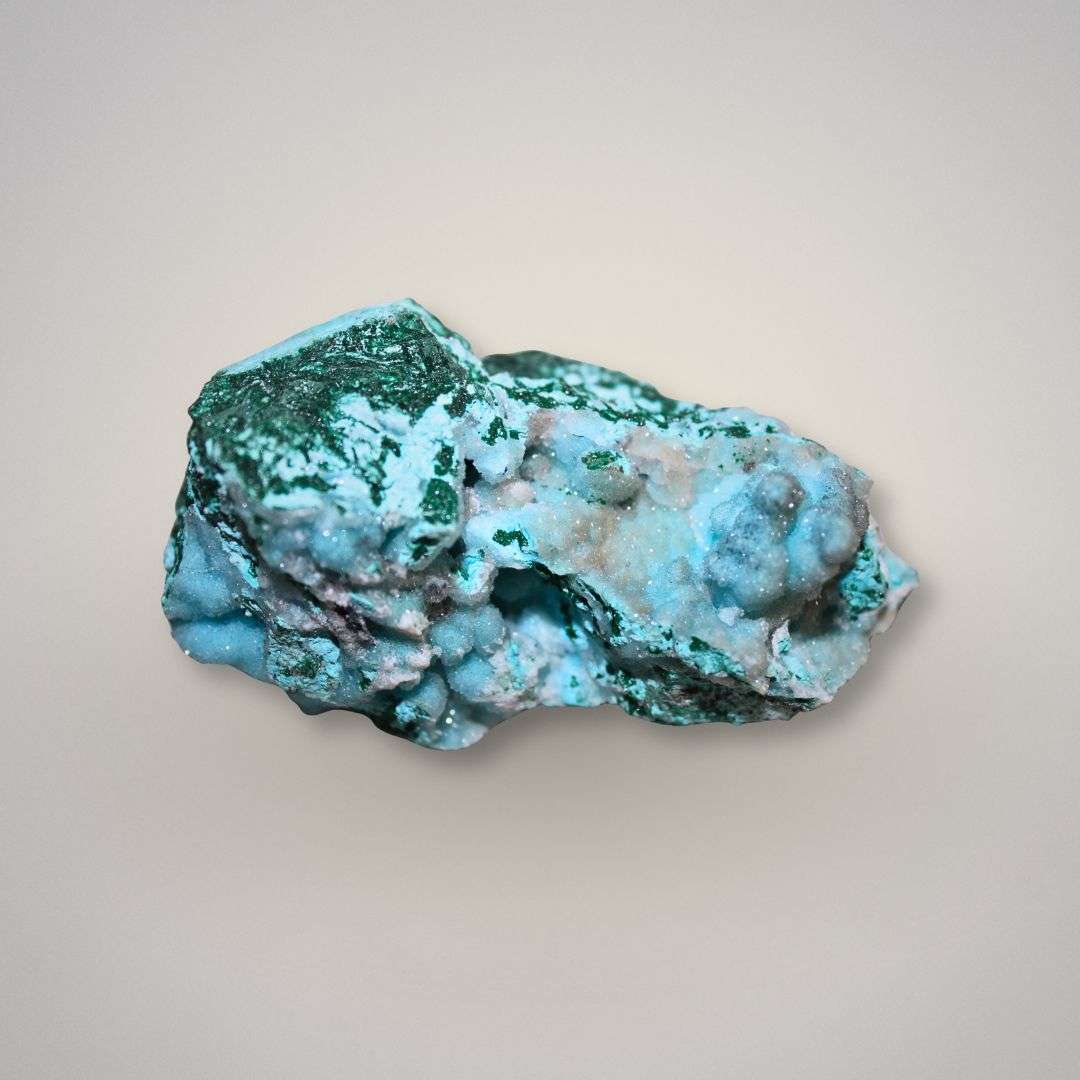 Front View of the Chrysocolla and Malachite mineral specimen with vibrant blue and green hues