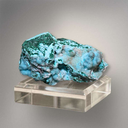 Double-Sided Chrysocolla & Malachite mineral specimen on display stand