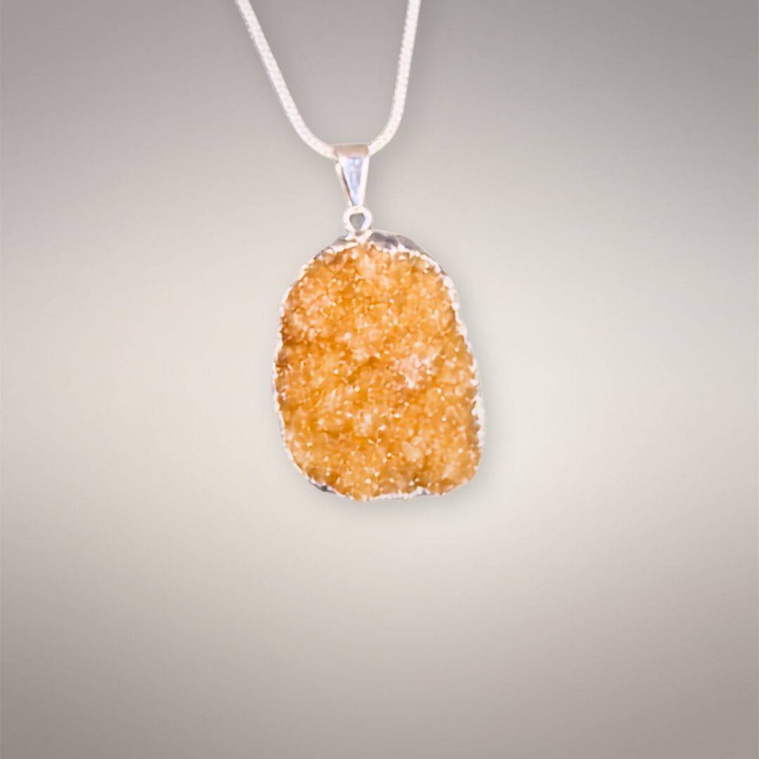 Citrine drusy pendant with sugar sparkling golden quartz face and .925 silver bale 