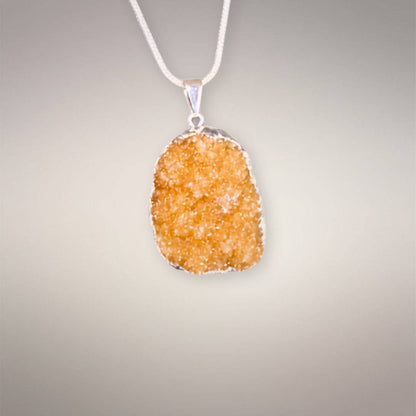 Citrine drusy pendant with sugar sparkling golden quartz face and .925 silver bale 