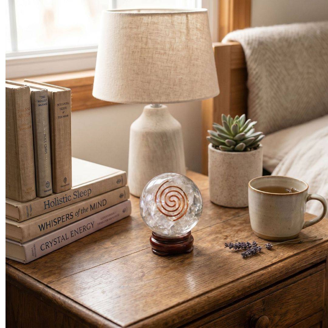 Clear quartz orgonite sphere with copper spiral displayed on a wooden bedside table with books, lamp, plant, tea cup, and lavender