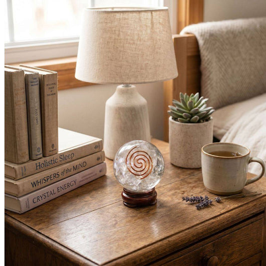 Clear quartz orgonite sphere with copper spiral displayed on a wooden bedside table with books, lamp, plant, tea cup, and lavender