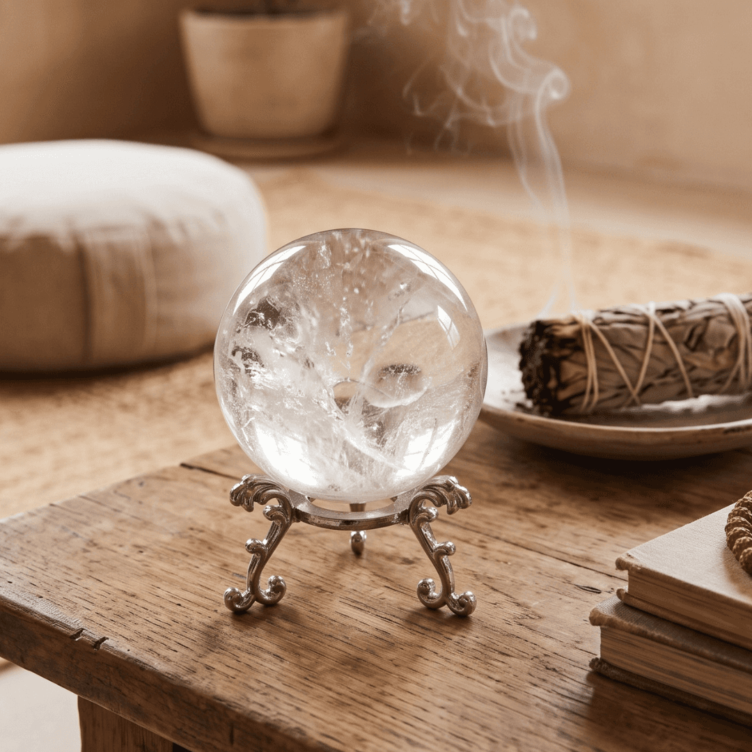 Clear Quartz sphere displayed on an ornate metal stand in a meditation setting with a sage bundle and books.