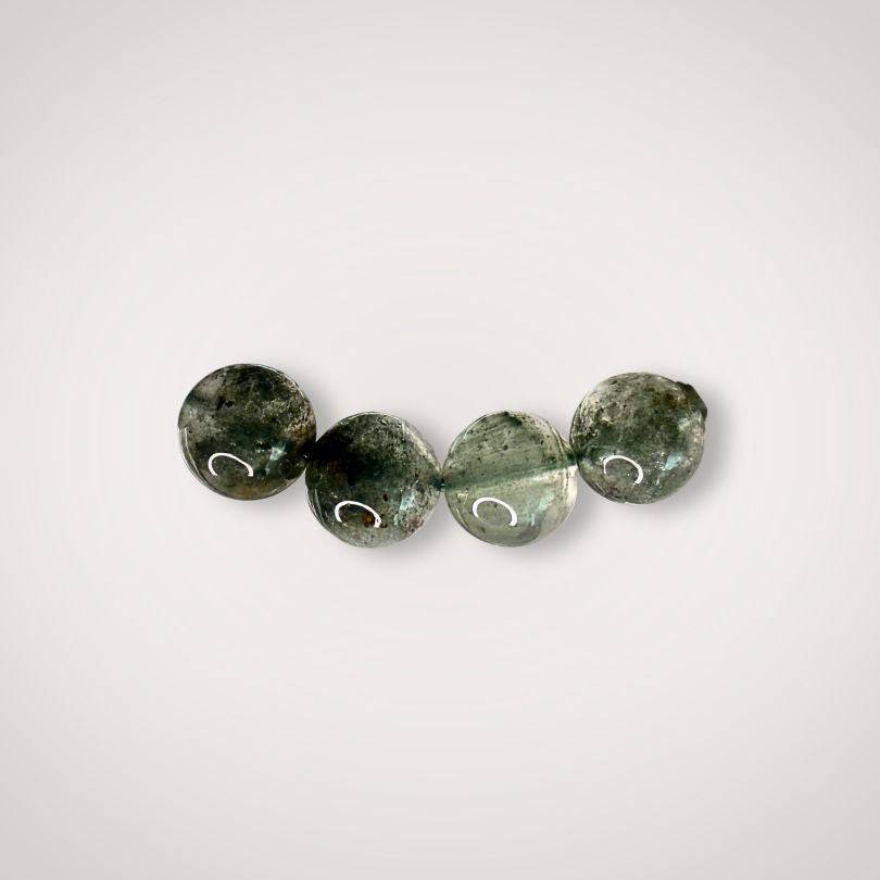 Close-up of four 8mm Lodolite (Garden Quartz) beads with landscape-like inclusions, perfect for manifestation and spiritual jewelry designs.