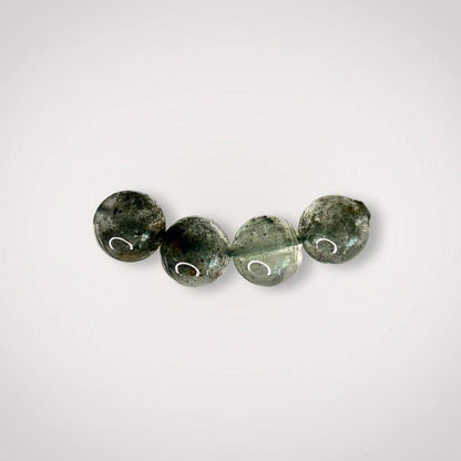 Close-up of four 8mm Lodolite (Garden Quartz) beads with landscape-like inclusions, perfect for manifestation and spiritual jewelry designs.