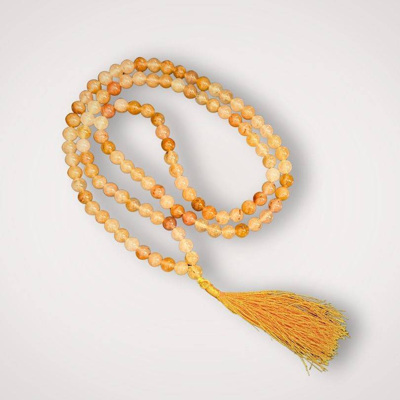 Golden Healer Mala - Energetic Renewal | Handcrafted, Quartz prayer beads with 108 polished golden quartz beads and a yellow tassel, ideal for meditation.