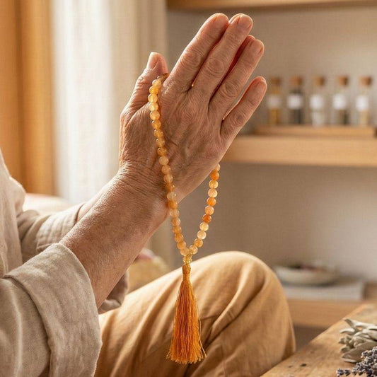 Golden Healer Mala - Energetic Renewal | Handcrafted, Quartz used in a meditative setting, held between praying hands, symbolizing healing and spiritual focus.