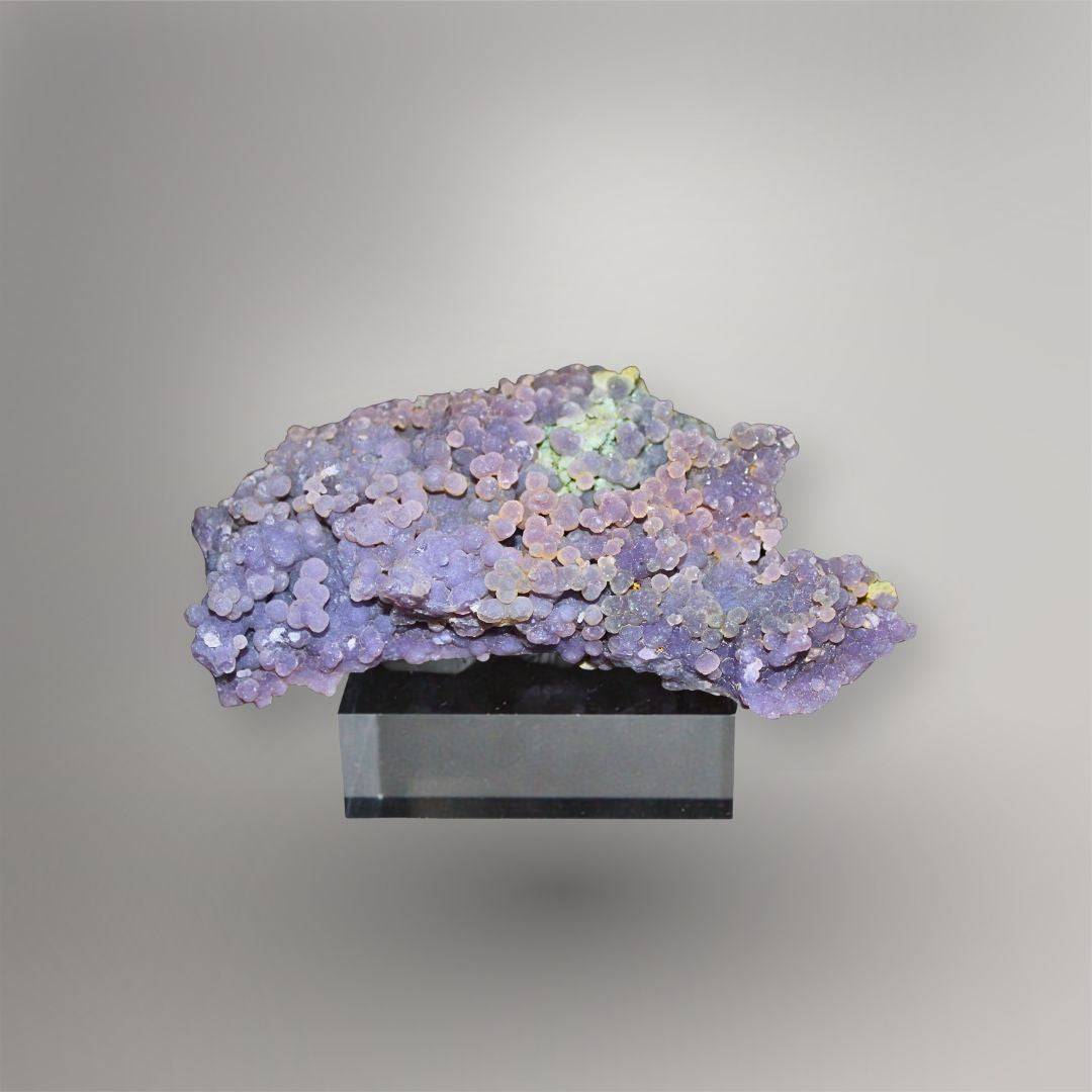 Front view of 115g Grape Agate cluster from West Sulawesi with lavender botryoidal quartz and pale green mineral areas