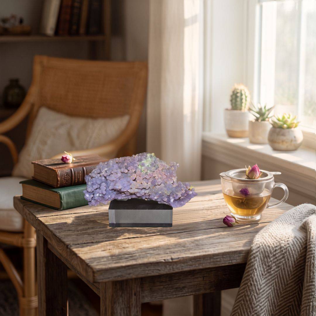 Horizontal lavender Grape Agate cluster displayed beside books and tea in warm natural light